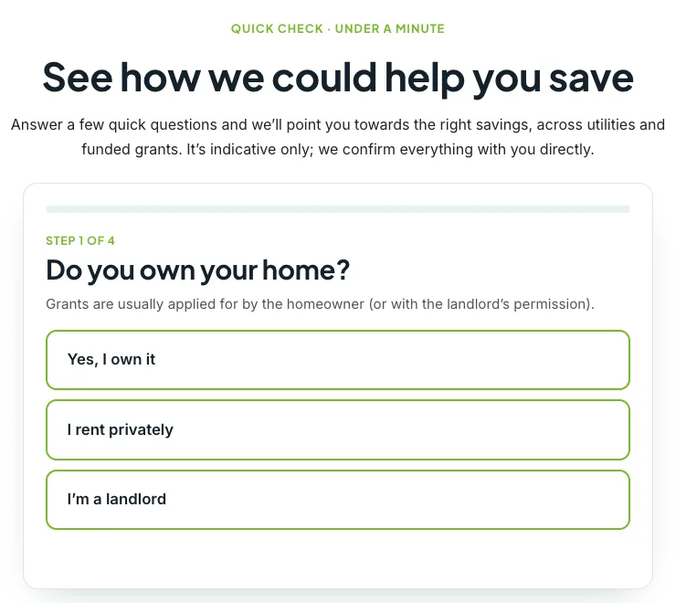 The eligibility checker on the Green Homes Group website: step 1 of 4, do you own your home?
