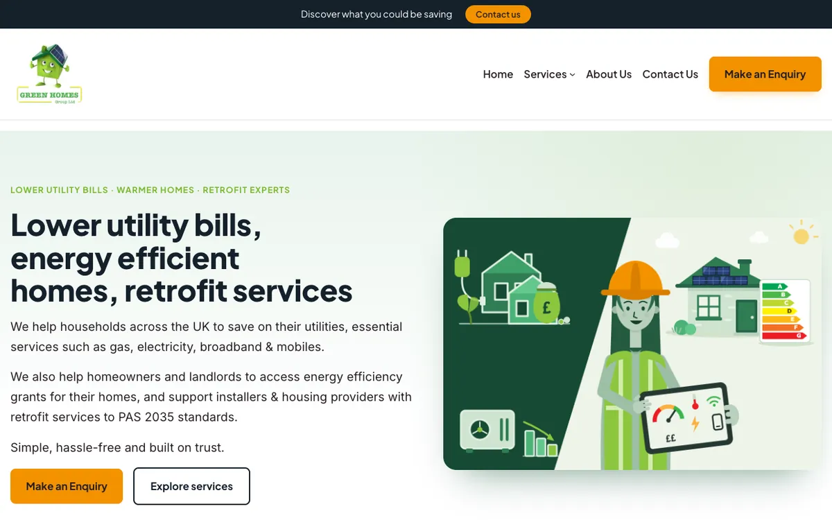 The Green Homes Group home page: lower utility bills, energy efficient homes, retrofit services